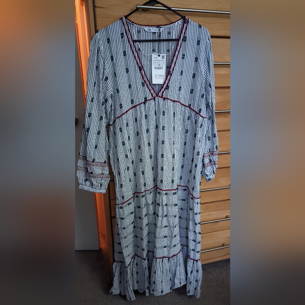 NWT ZARA tiered maxi dress ok large blue striped